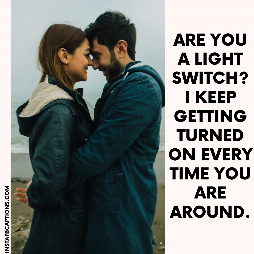 A man and a lady smiling after looking each other and a text written - Are you a light switch? I keep getting turned on every time you are around.  - Cheezy Pickup Lines with a Dark essence for Online Dating - 85+ Carry Out Dark Pick Up Lines By Being Witty [2023]
