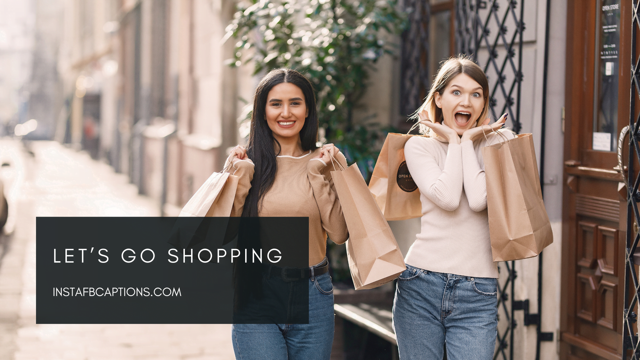 Two girls are returning after shopping and they appear to be very cheerful on holding bags and a caption written - Let’s go Shopping  - Shopping with Friends captions - 120+ SHOPPING Instagram Captions &#038; Quotes 2023