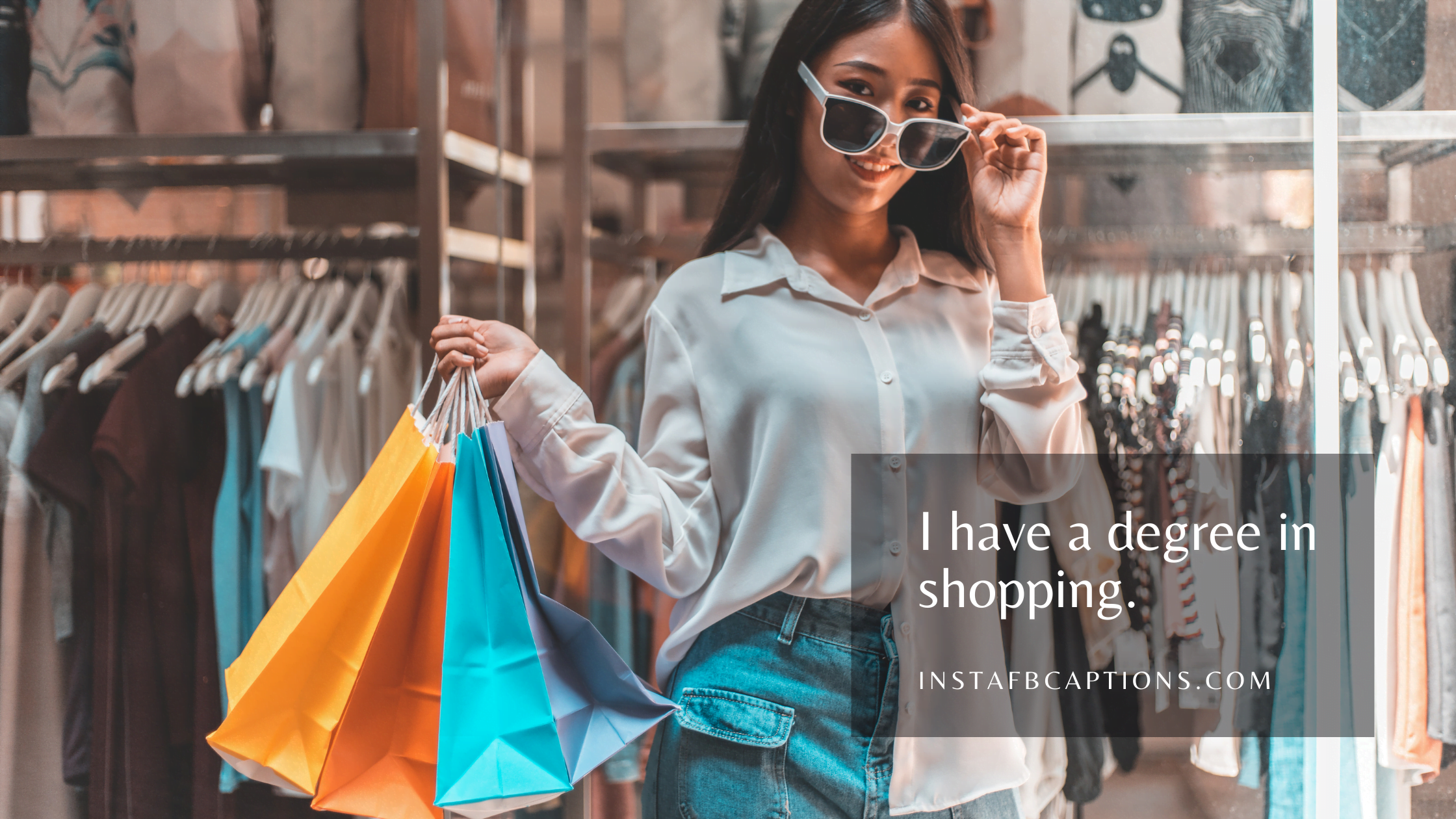 A lady hanging shopping bags and a caption written I have a degree in shopping.  - Short Shopping Captions - 120+ SHOPPING Instagram Captions &#038; Quotes 2023